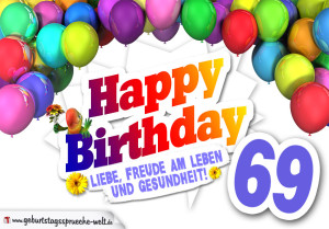 Bunte Geburtstagskarte mit Ballons zum 69. Geburtstag