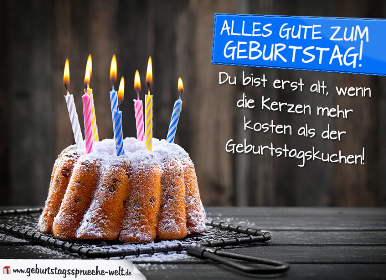 Schöner Geburtstagsspruch als Karte mit Kuchen und Kerzen