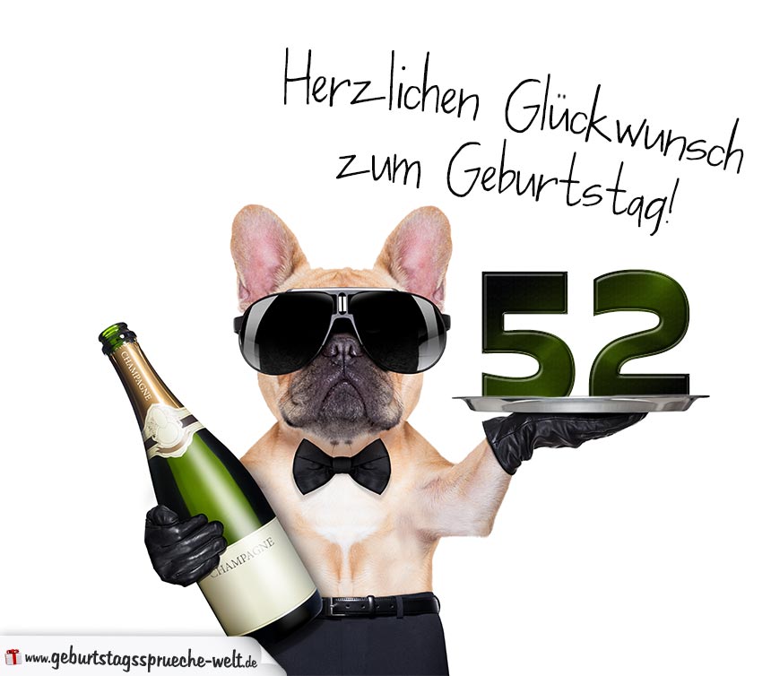 Glückwunschkarte mit Hund zum 52. Geburtstag GeburtstagssprücheWelt