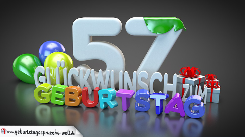 Edle Geburtstagskarte mit bunten 3D-Buchstaben zum 57. Geburtstag - Geburtstagssprüche-Welt