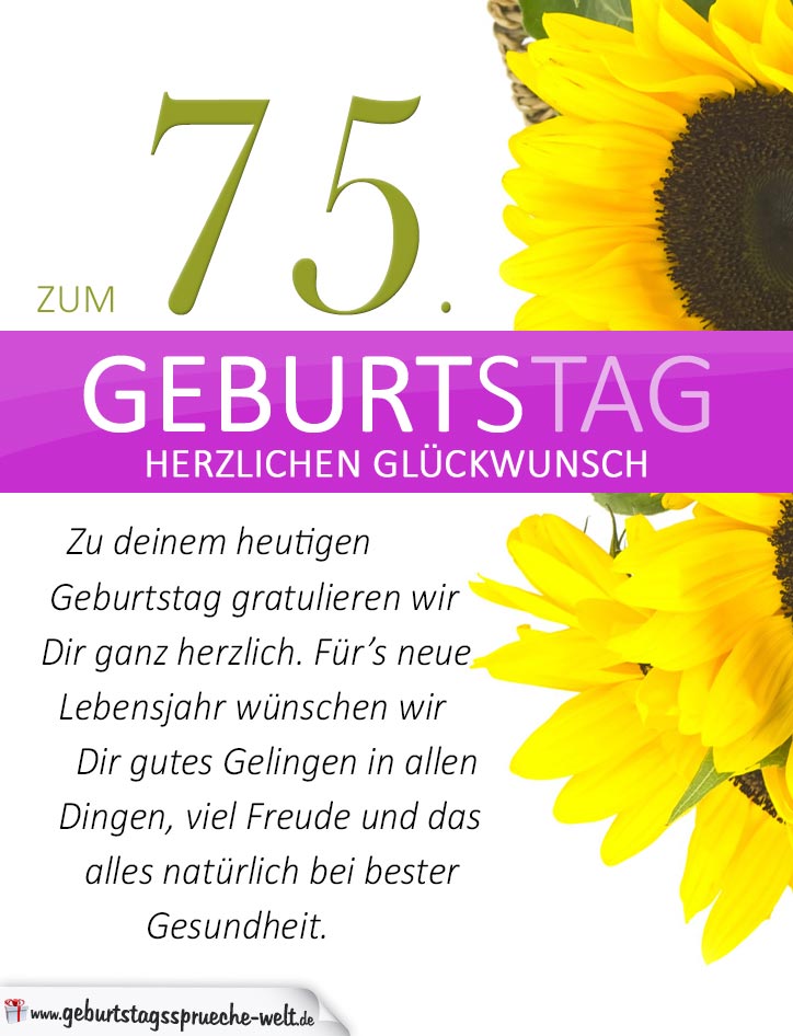 Schlichte Geburtstagskarte mit Sonnenblumen zum 75. Geburtstag