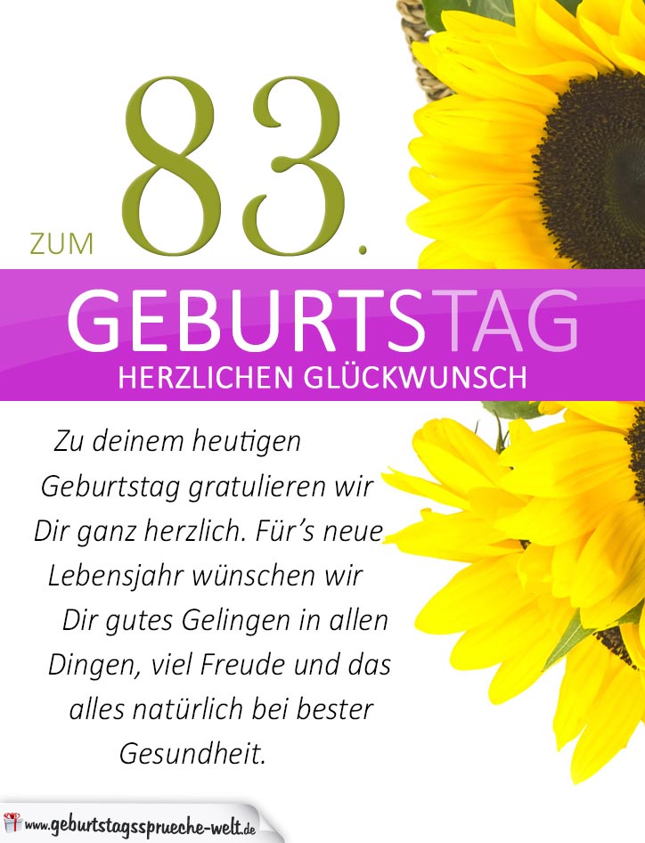 Schlichte Geburtstagskarte mit Sonnenblumen zum 83. Geburtstag - Geburtstagssprüche-Welt