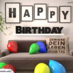 Happy Birthday Wohnzimmer - Sofa mit Kissen und Spruch