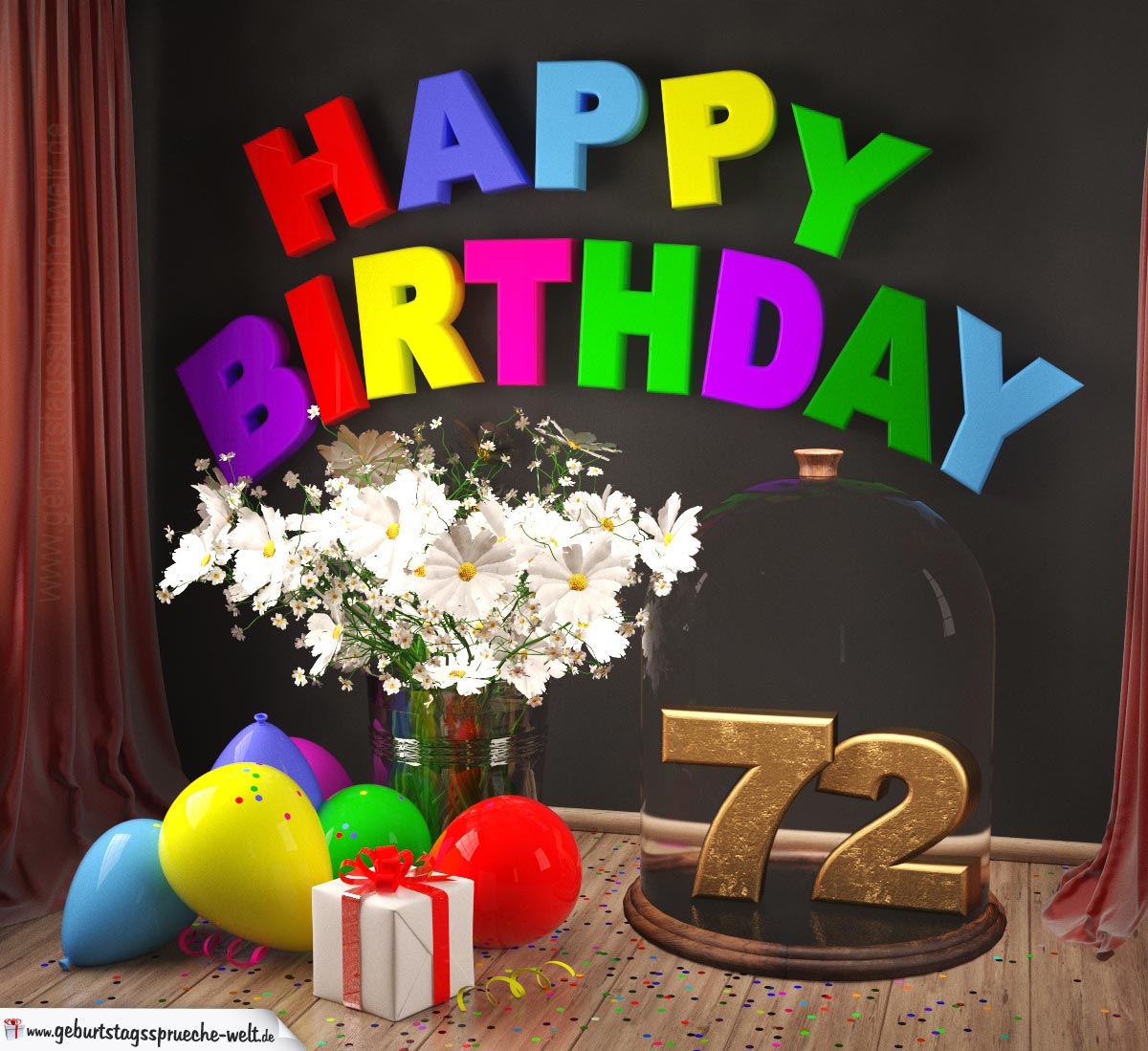 31+ Sprueche zum 35 geburtstag , Happy Birthday 72 Jahre Glückwunschkarte mit MargeritenBlumenstrauß, Luftballons und Geschenk